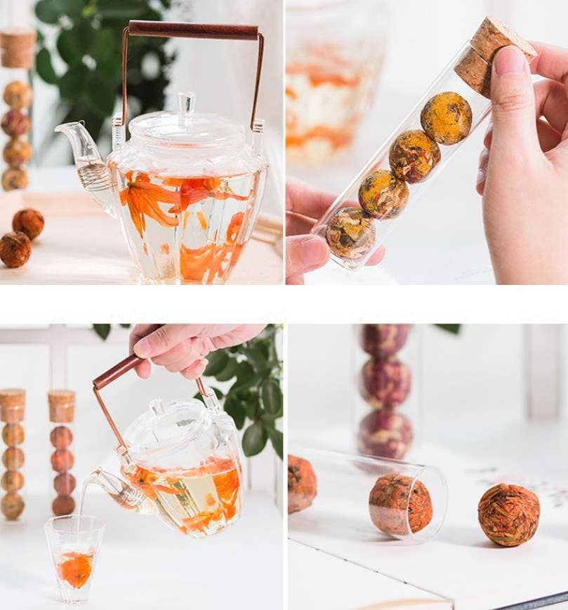 MINI Herbal Tea Balls, 3-Pack or Assortment: Assortment in glass test tube(4 Balls-Jasmine/Hibiscus/Rose/Mixed Flowers)