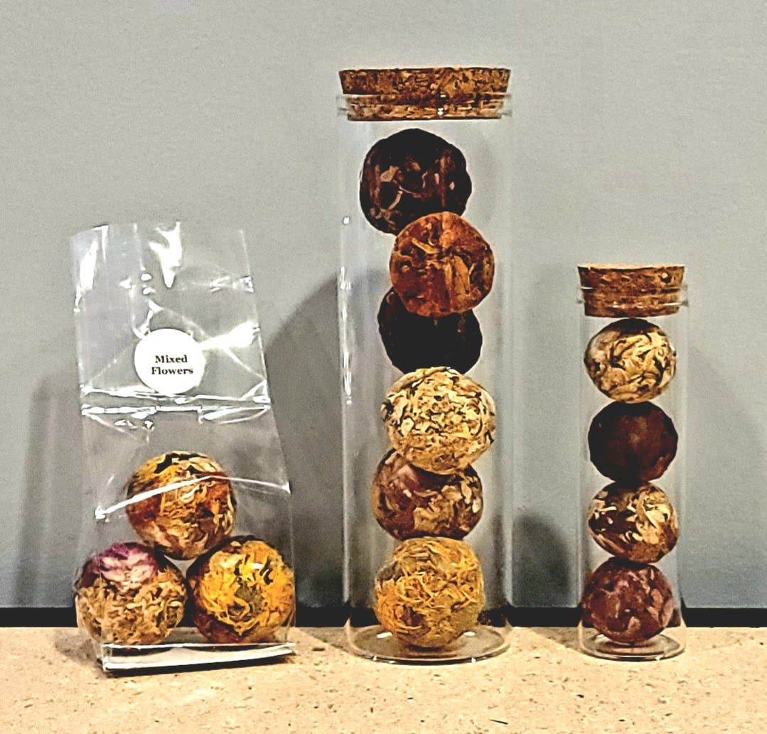 MINI Herbal Tea Balls, 3-Pack or Assortment: Assortment in glass test tube(4 Balls-Jasmine/Hibiscus/Rose/Mixed Flowers)