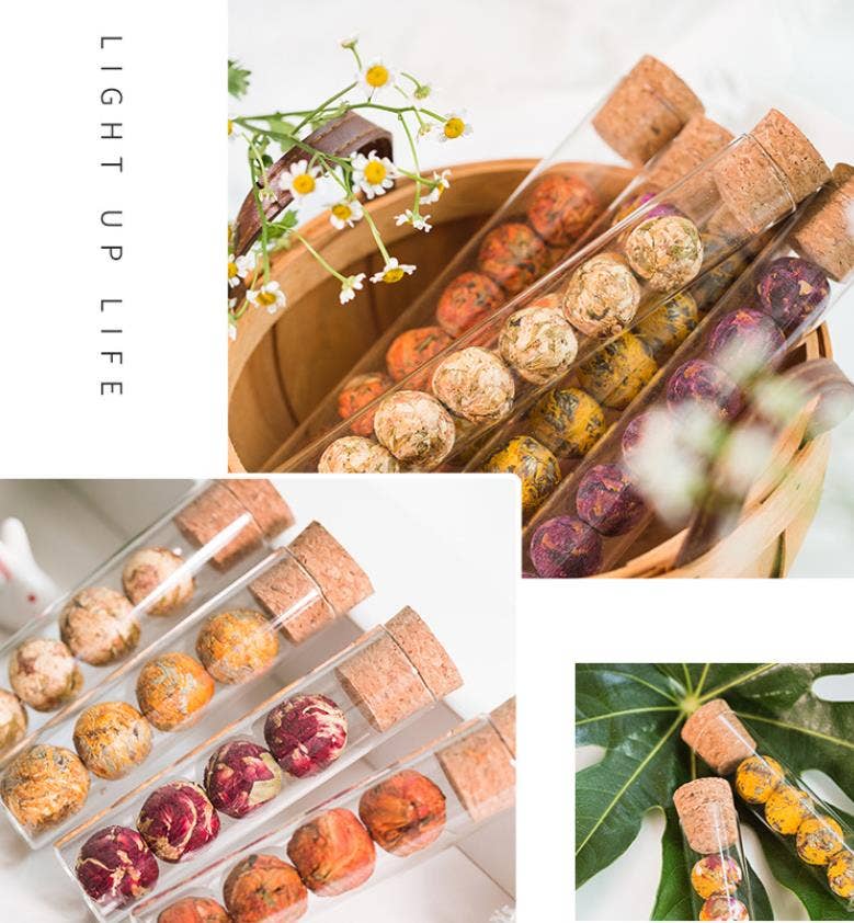 MINI Herbal Tea Balls, 3-Pack or Assortment: Assortment in glass test tube(4 Balls-Jasmine/Hibiscus/Rose/Mixed Flowers)