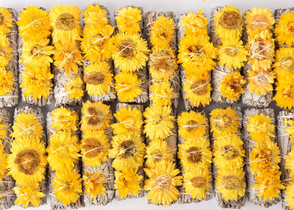 Sunrise Flower, Yellow Strawflower Floral Sage Wand