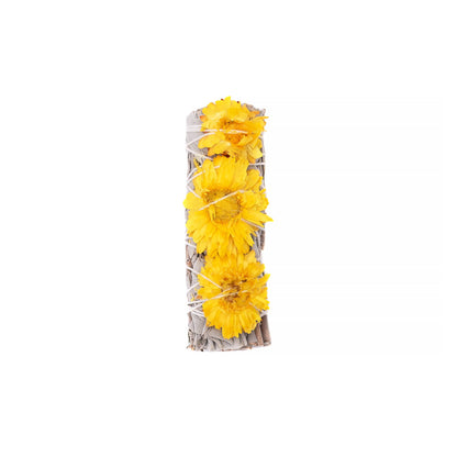 Sunrise Flower, Yellow Strawflower Floral Sage Wand